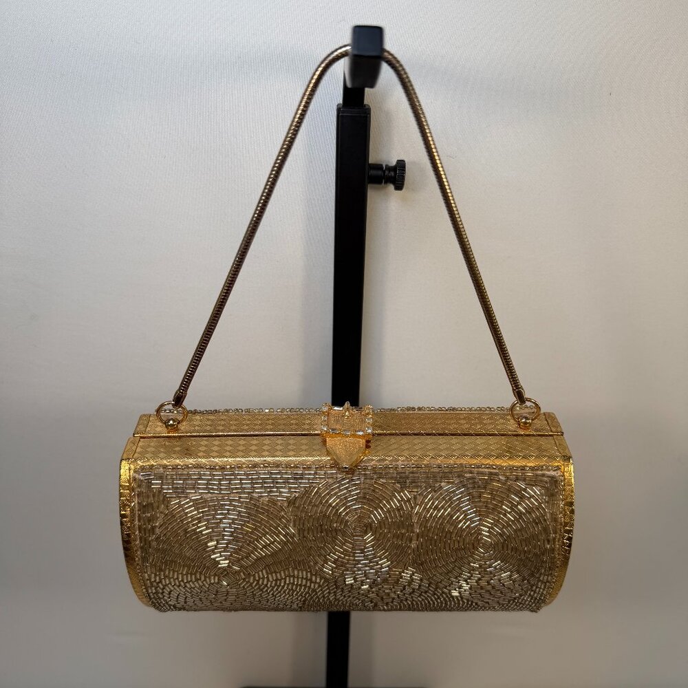 Vintage 50s Gold Beaded Minaudière Clutch Evening Bag Purse - Picture 3 of 16